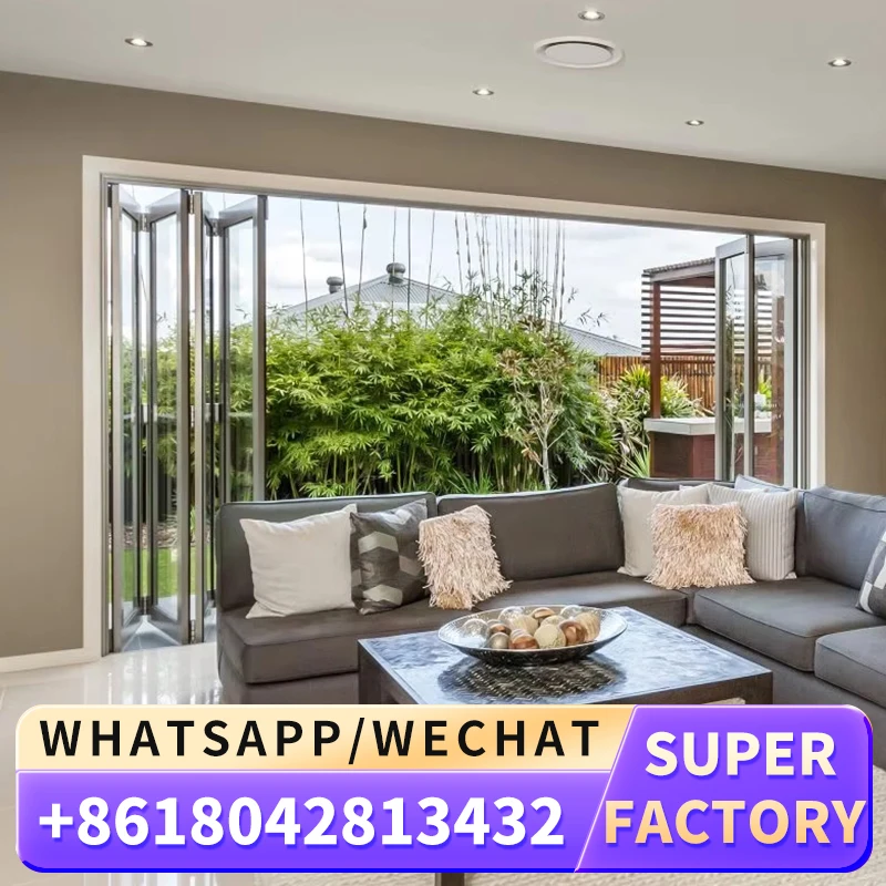 โรงงานขายส่งออกแบบแผนภาพกลางแจ้งอลูมิเนียมขนาดใหญ่ Double Glazed Bi-Fold Door สําหรับวิลล่า
