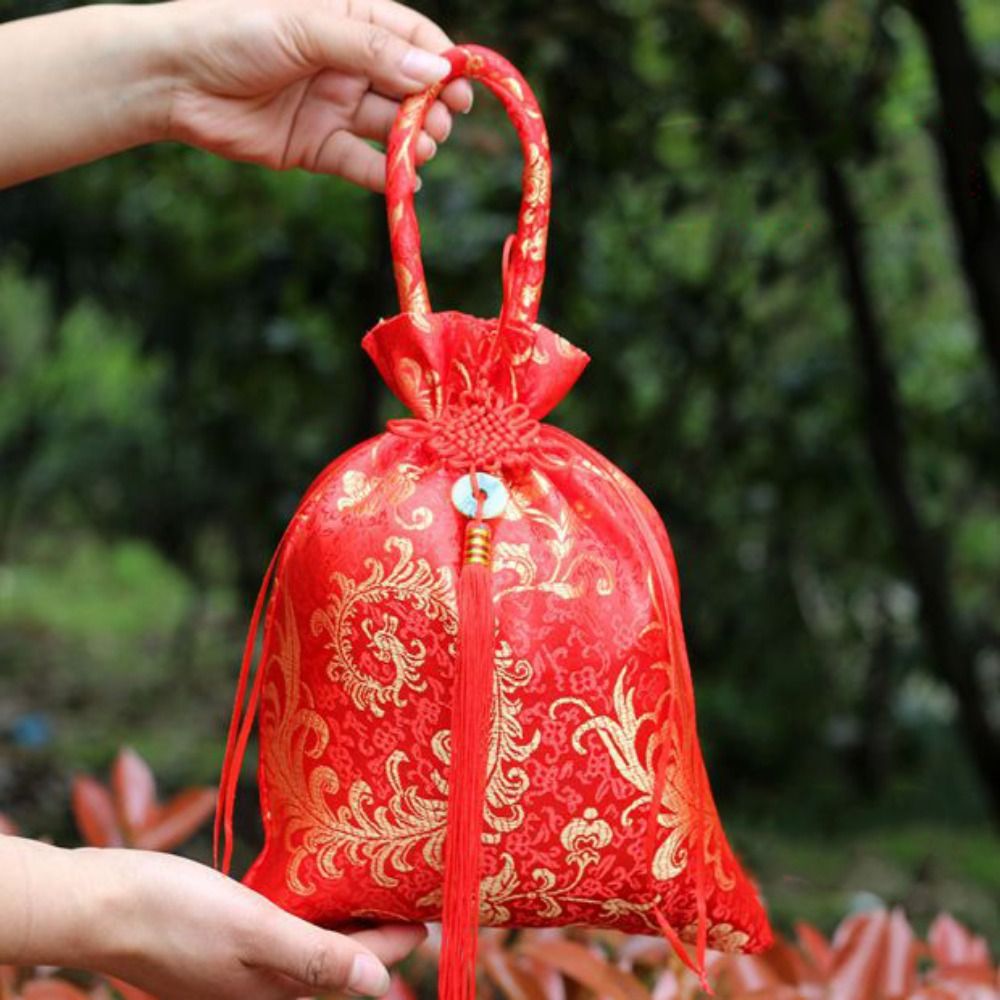 1Pc Canvas Festive Flower Drawstring Bag Chinese Knot Tassel Sugar Bag Wedding Large Capacity Handbag