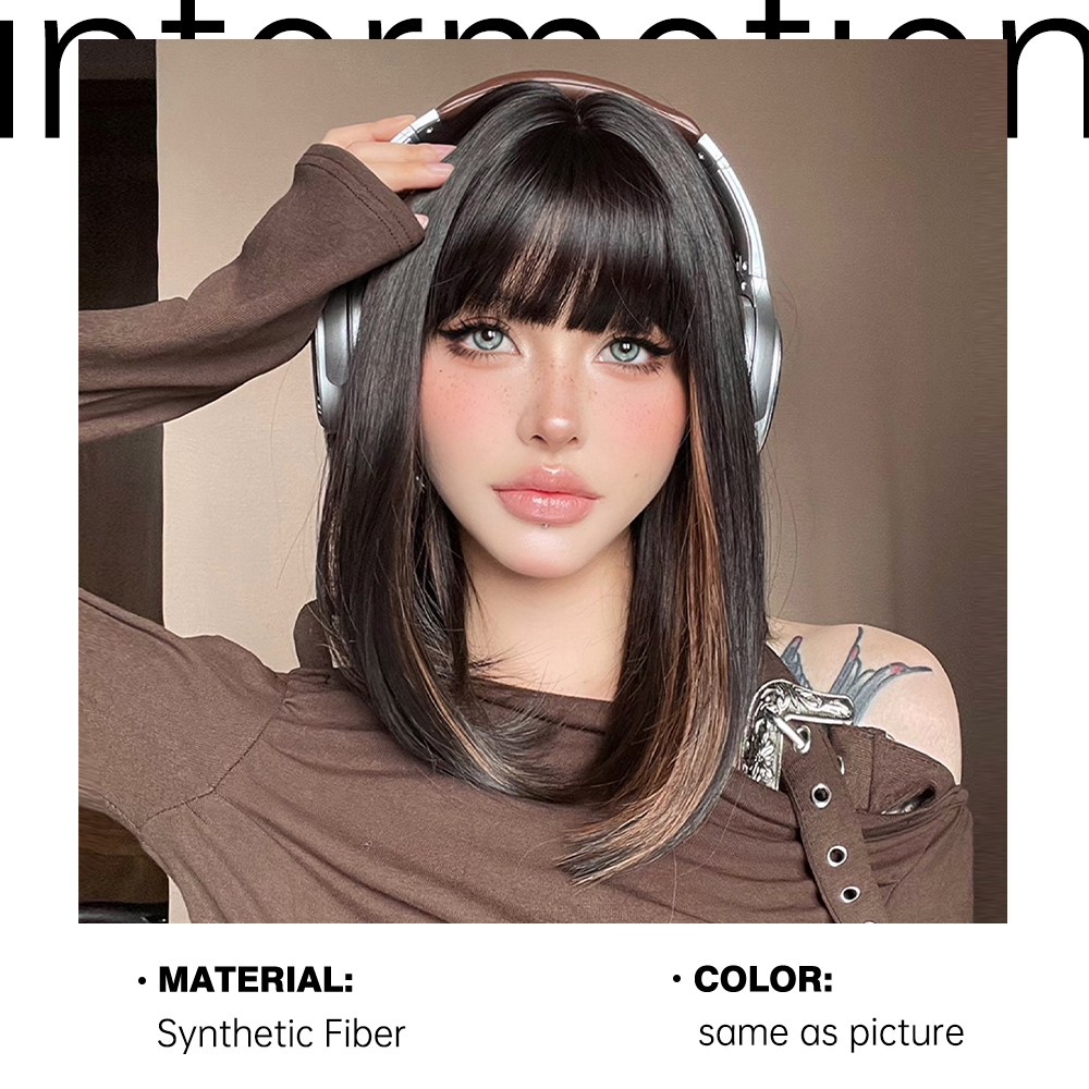 Parrucche Bob corte e diritte con frangia Parrucca marrone nero con evidenziazione Parrucche sintetiche naturali per cosplay quotidiano per donne resistenti al calore