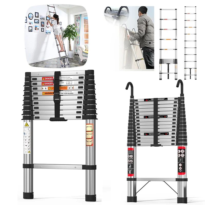 Lucn Tragbare einziehbare Dachbodenleiter, Stahlverlängerung, Loft-Trittleiter, 150 kg, Heimlager, DIY-Trittleiter mit abnehmbarem Haken