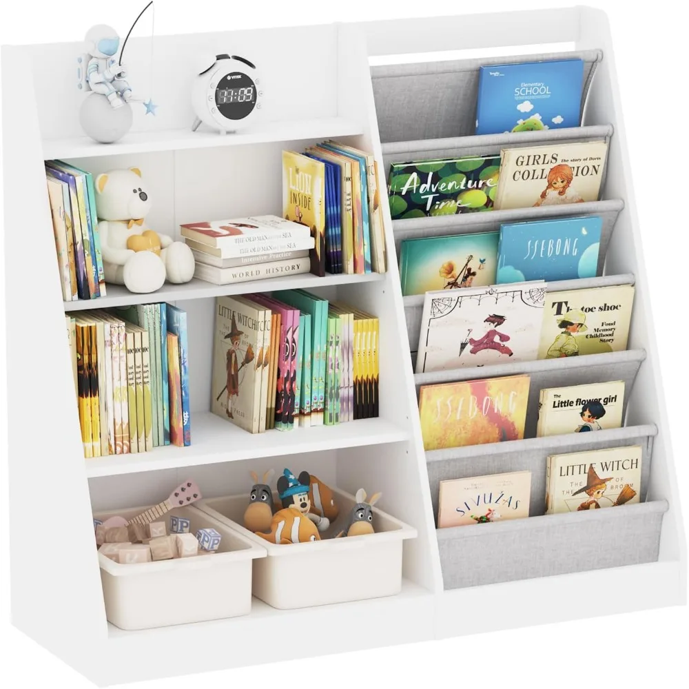 "White Kids Bookshelf, Wooden Toy Storage Organizer Cabinet – Toddler-Friendly Bookcase with Sling Racks & Adjustable Shelves"