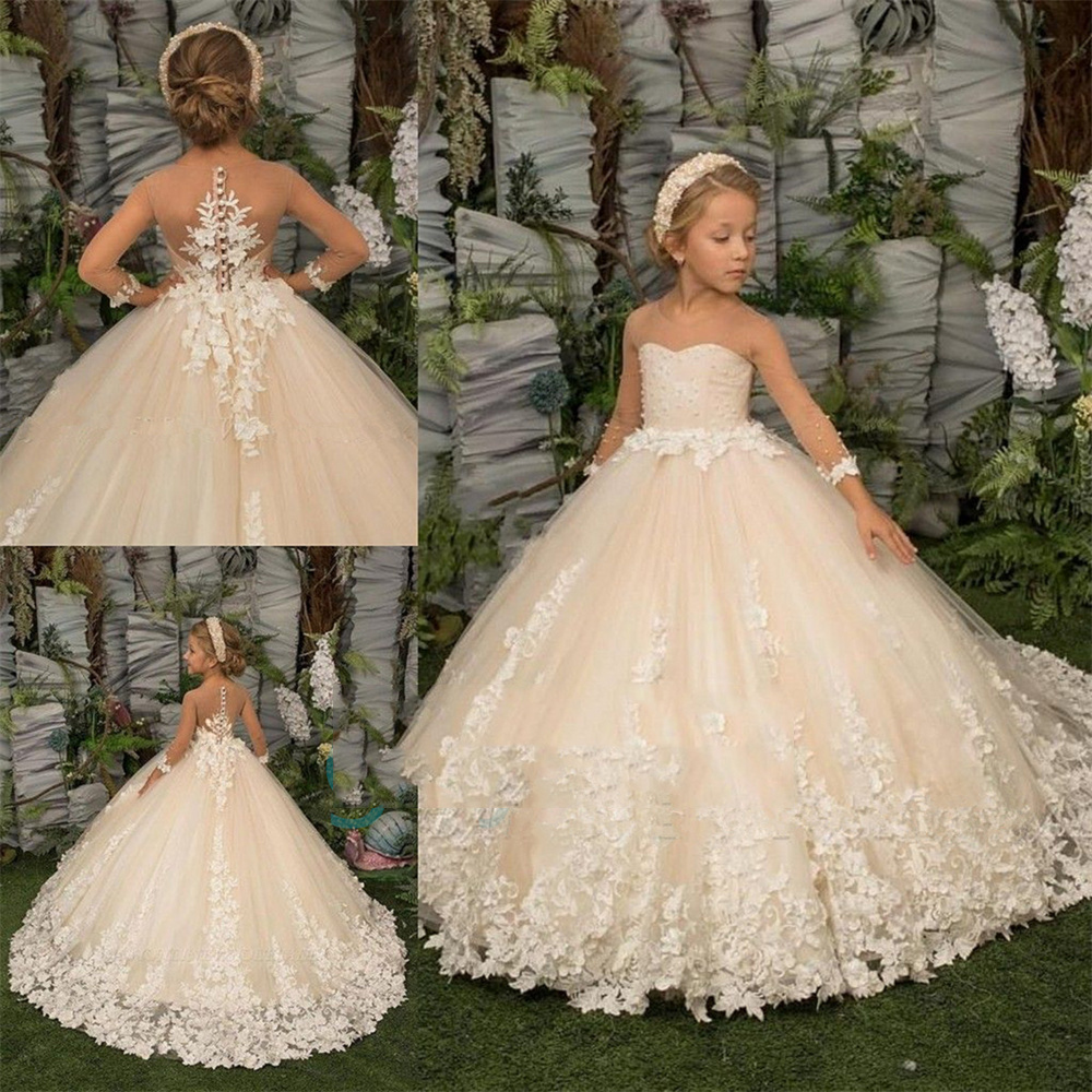Blumenmädchenkleid Blumenspitze Applikation Kinder Hochzeit Party Kleider Neue Kinderkleidung Prinzessin Erstkommunion Kleid
