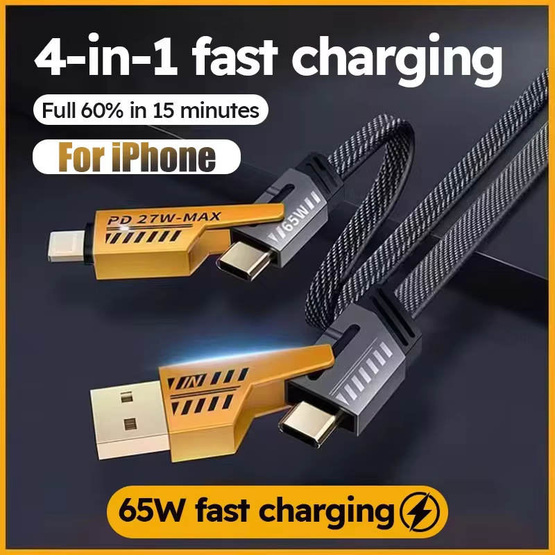 65W 4 in 1 Multi Ports USB Data Cable PD USB C Fast Charging Cord For iPhone 16 15 Pro Max For Samsung Xiaomi Type C Device