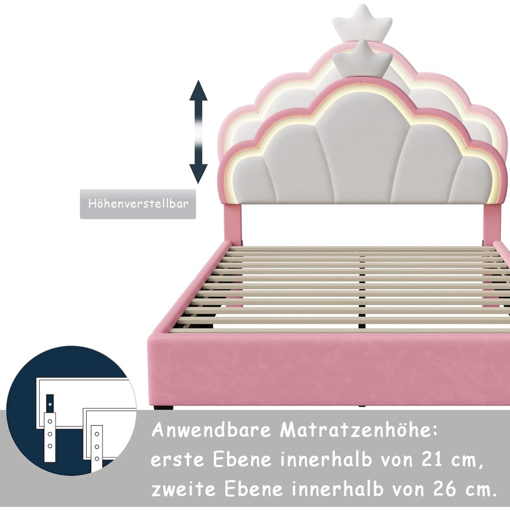 Cama individual para niños acolchada regulable en altura de princesa rosa 90x200 con cabecero de corona LED