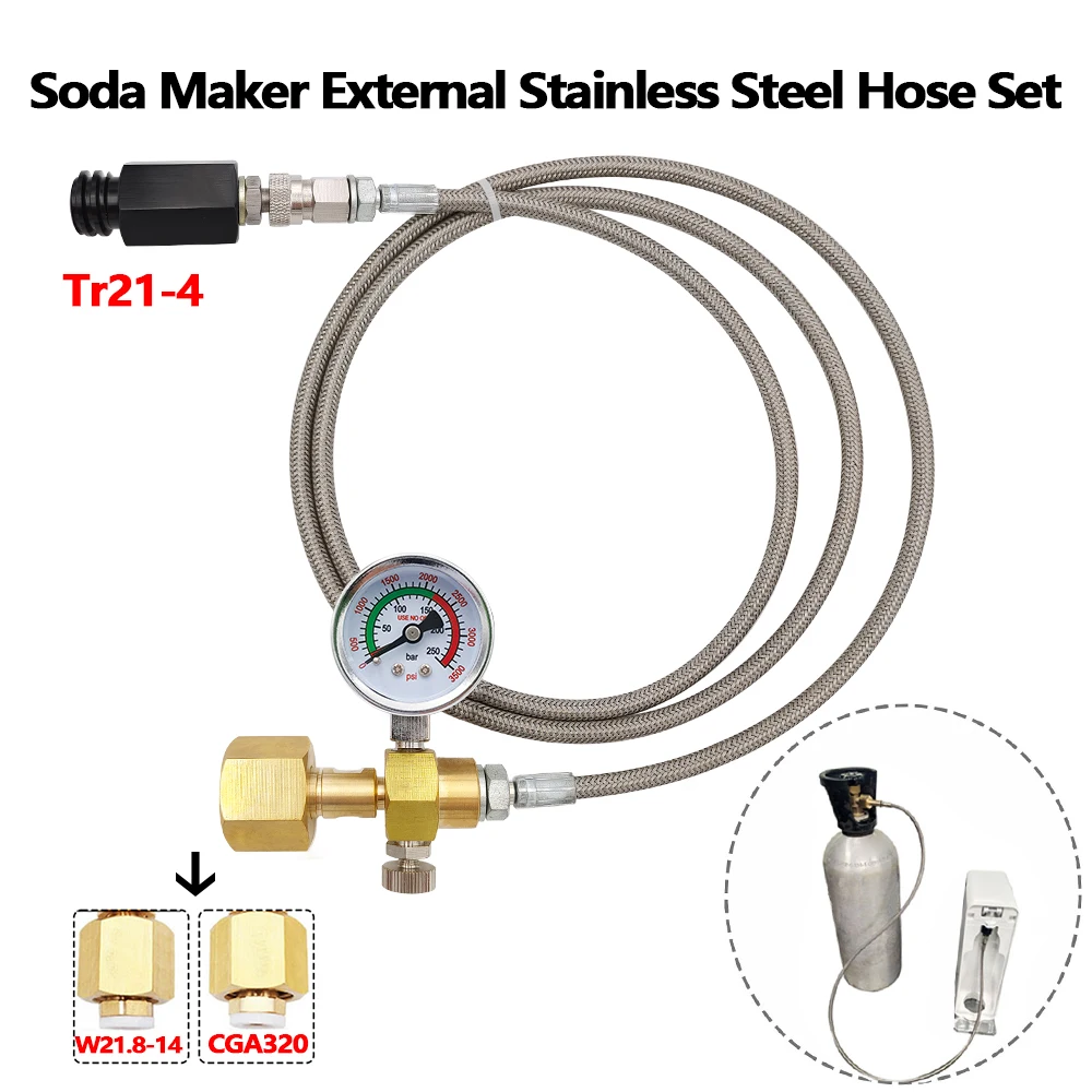 Co2 External Tank to Soda Water Stream Maker Fizzy Sparkling Machine Steel Braid Hose Kit for Sodastream W21.8-14 CGA320 Bottle