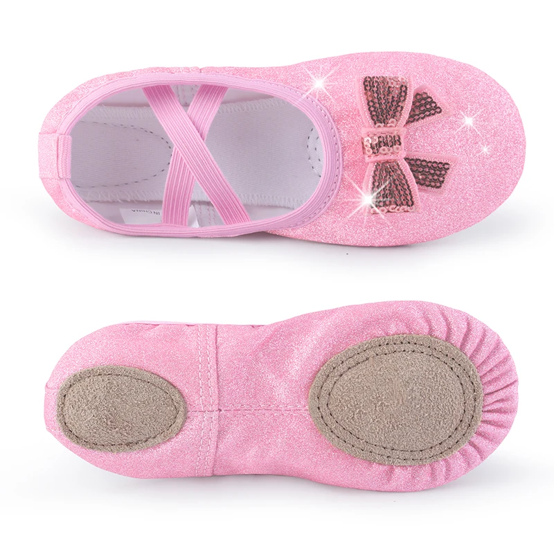 Mädchen-Ballettschuhe, geteilte Sohle, glitzernde, flache Schleife, Tanzschuhe für Kleinkinder/Kinder)