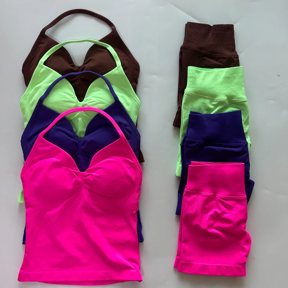 Conjunto de gimnasio sin logotipo para mujer, camisetas sin mangas con espalda descubierta, pantalones cortos sin costuras de cintura alta, traje de gimnasio, ropa deportiva, conjunto de entrenamiento, 2 uds.