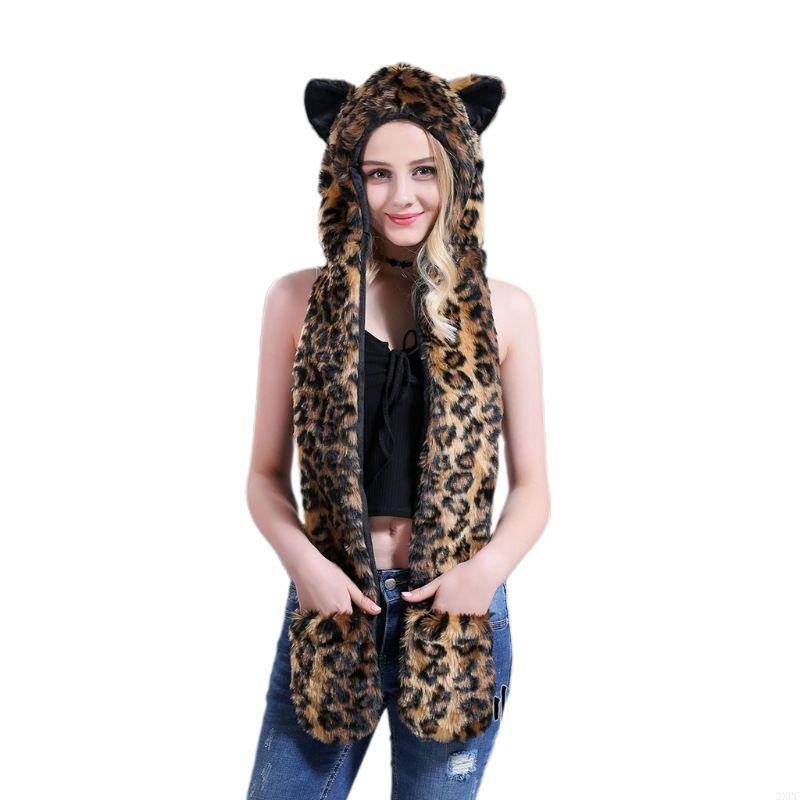 2xpc Winter Kunstfell Plüschhaube Hutschal und Handschuhe Fäustlinge 3 in 1 süßen tierischen Ohren Kapuze -Schal -Wrap für