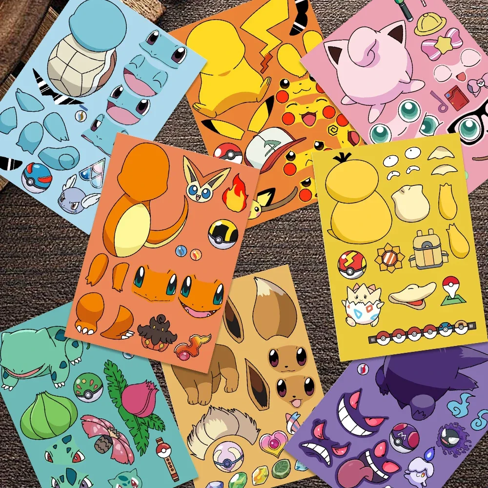8/16 แผ่น Pikachu Pokemon เด็กปริศนาสติกเกอร์ Make-a-Face ตลกประกอบจิ๊กซอว์ DIY สติกเกอร์การ์ตูนเด็กของเล่นเพื่อการศึกษา