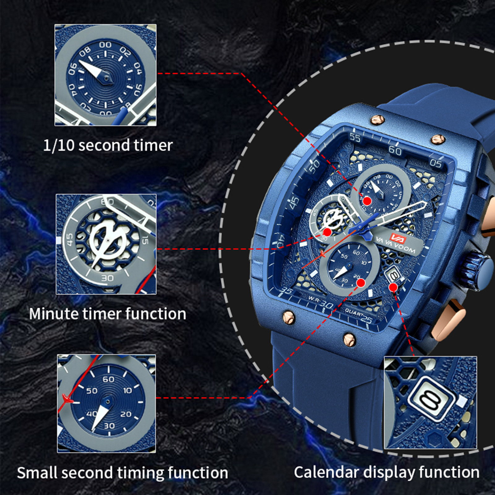 Va va voom relógio masculino com 47mm grande mostrador cronometragem multifuncional relógio elegante pulseira de silicone relógio esportivo militar para homem