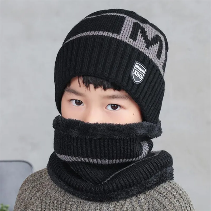 Kind Winter Gebreide Muts Sjaal Jongen Meisjes Outdoor Warme Pluche Mutsen Hoed 2-delige Sets Kinderen Nieuwe Brief Cap En Streep Sjaals