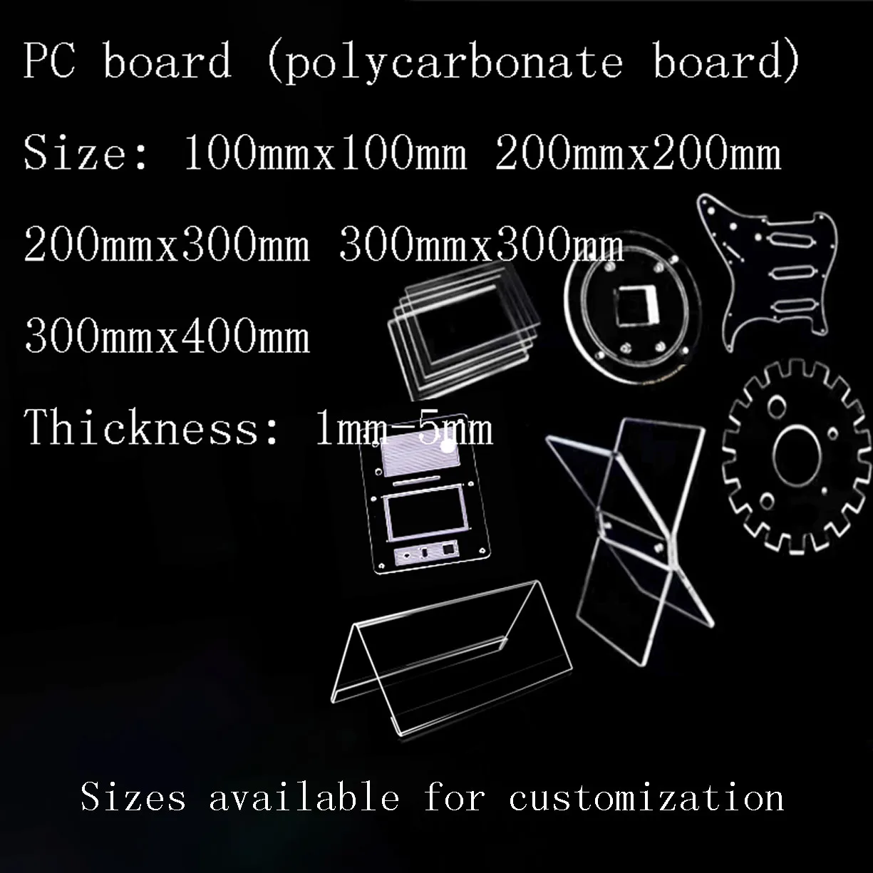 Hojas de PC de espesor de 1mm-5mm, placa de policarbonato transparente, 100mm x 100mm, 200mm x 200mm, 200mm x 300mm, 300mm x 300mm, 300mm x 400mm