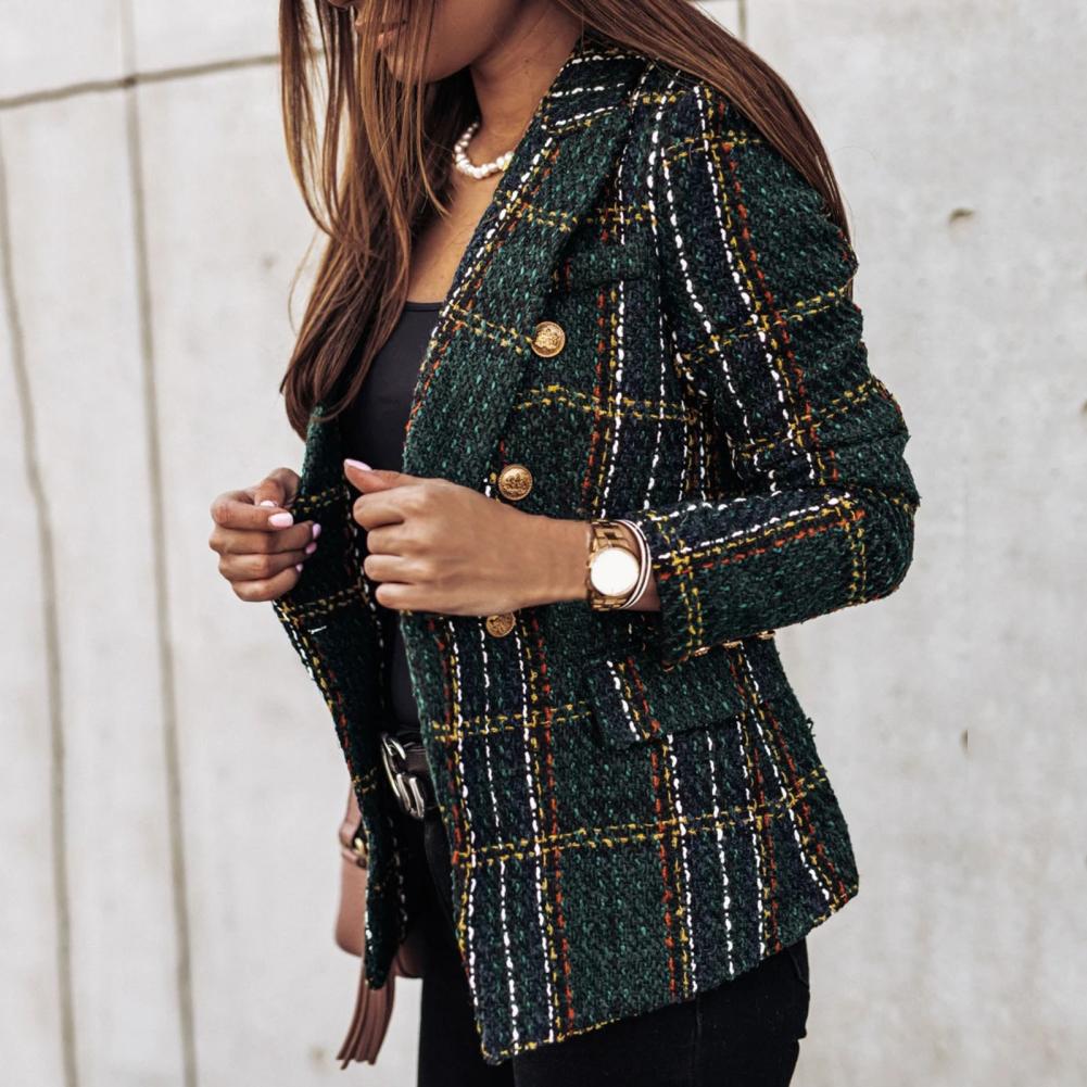 Vintage Frauen Tweed Blazer Mantel Plaid Print Zweireiher Casual Knöpfe Frühling Blazer Slim Fit Klappen tasche formelle Dame Blazer