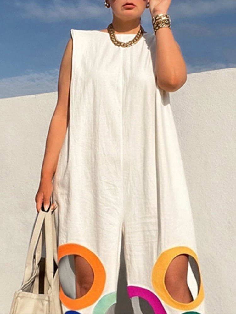 Yeezzi moda feminina arco-íris oco perna larga macacões 2025 novo verão sem mangas solto urbano escritório macacão com almofada de ombro