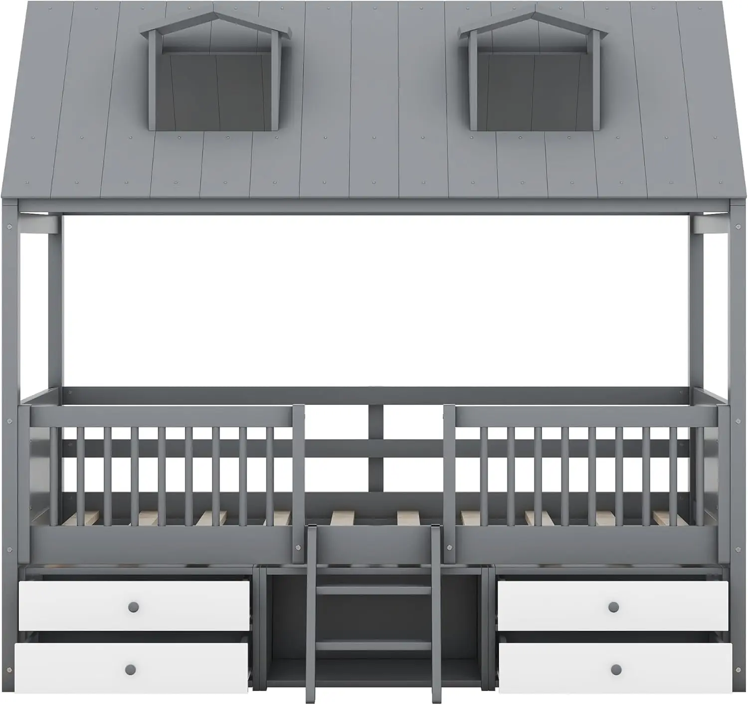 Twin Size Wood House Bed Frame with Full-Length Fence and 4 Storage Drawers, Kids Playhouse Tent Bed with Roof and 2-step