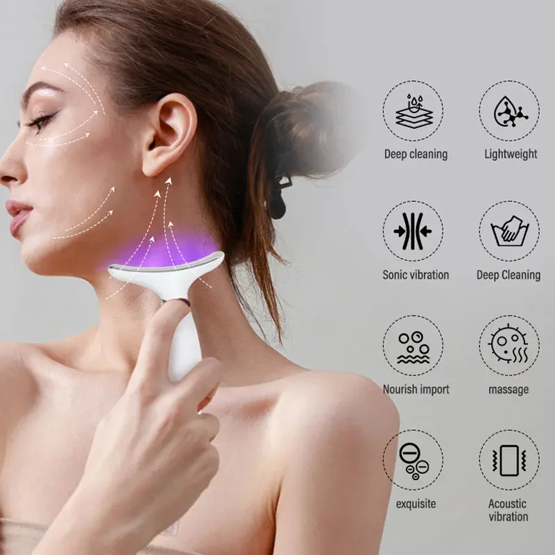 เครื่องนวดหน้าและลำคอ EMS ไมโครเคอร์เรนท์ 7 สี สำหรับการดูแลผิวหน้า ลำคอ และไหล่ พร้อมระบบสั่นสะเทือน