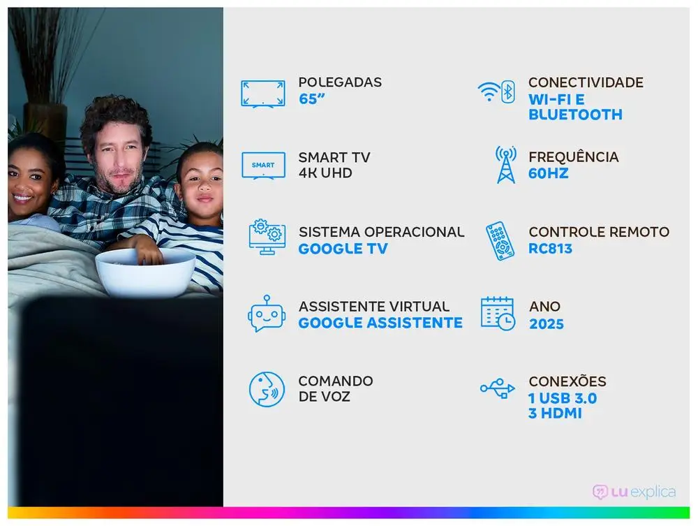 Smart TV 65" TCL 4K UHD QLED 65P7K Google TV AiPQ Google Assistente 3 HDMI 1 USB