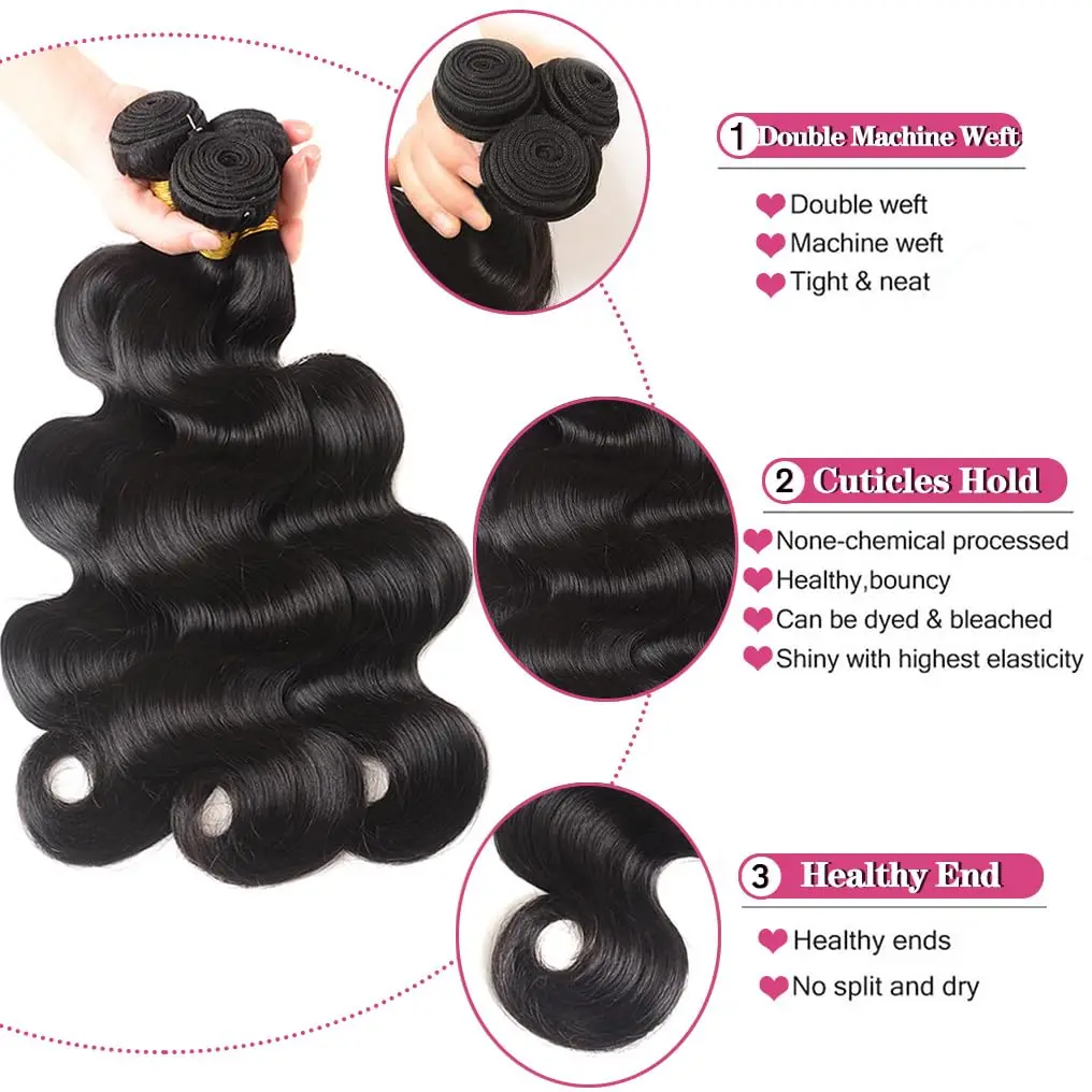 Pacotes brasileiros do cabelo humano com fechamento, onda do corpo, Weave do cabelo humano do Virgin, 3 pacotes, fechamento do laço 4x4, cor preta natural