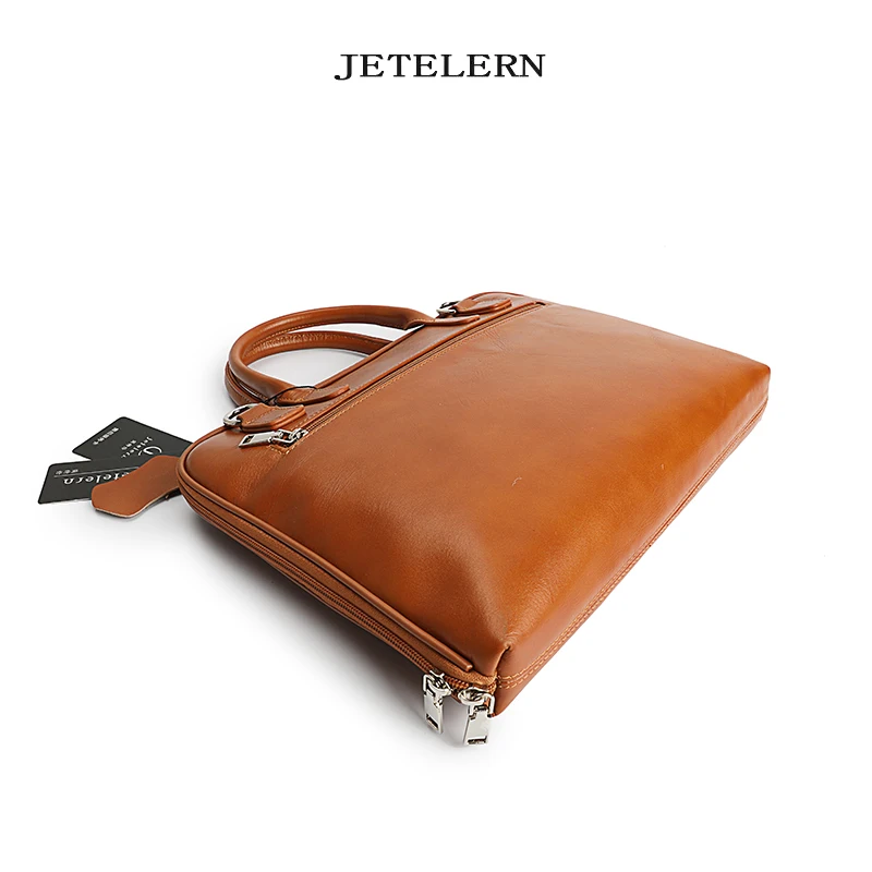 New Genuine Leather Women Handbag First Layer Cowhide Briefcase Thin Layer 14 Inch Computer Bag Portable Shoulder Work Bags