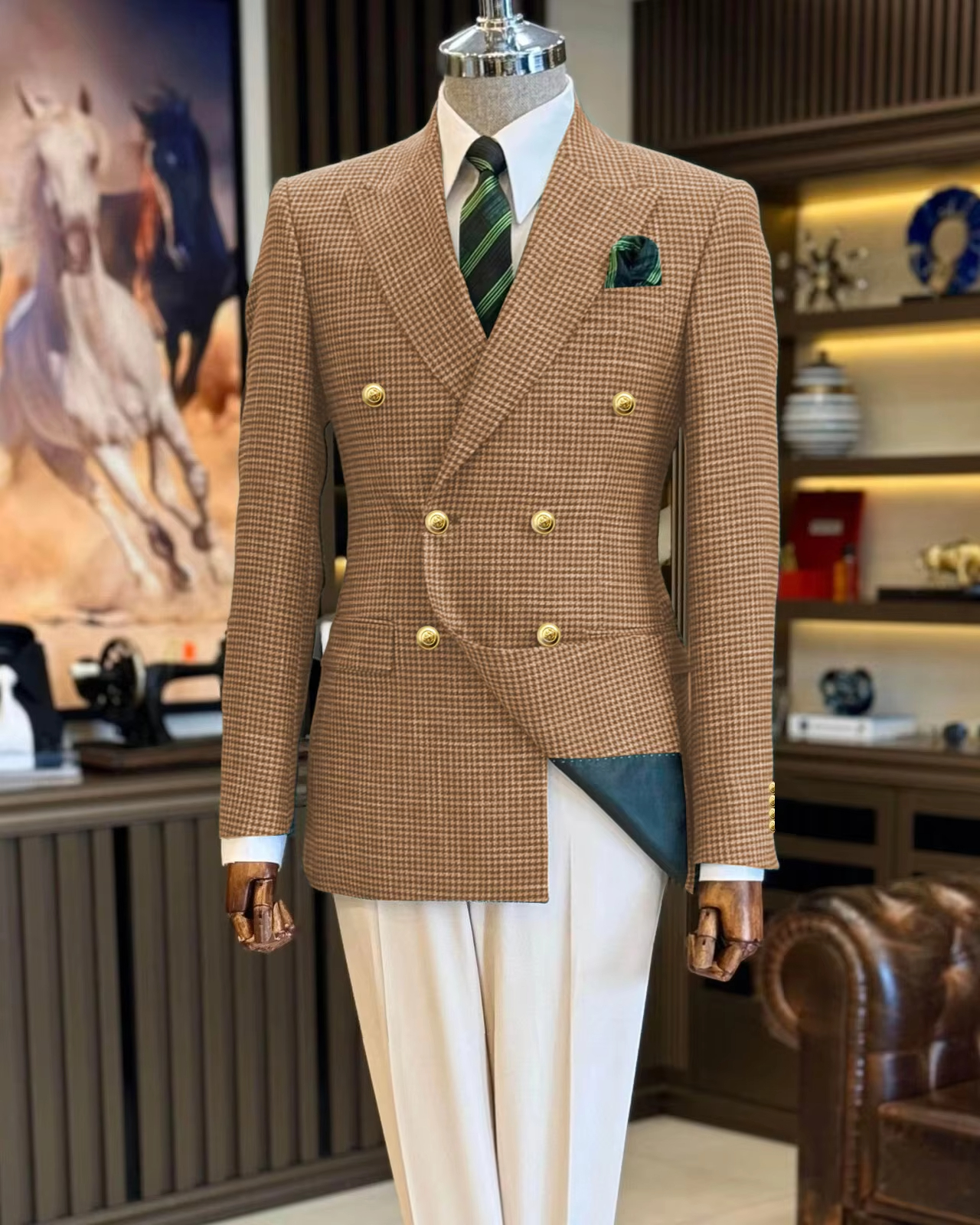 Blazer masculino terno azul marinho houndstooth pico lapela duplo breasted negócios fino ajuste grade homem ternos jaqueta formal festa smoking