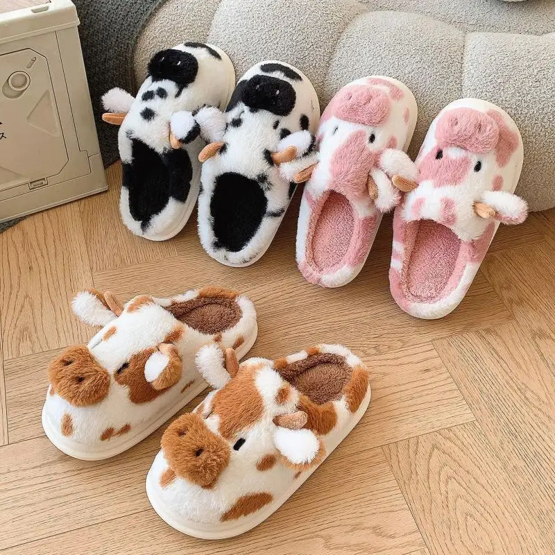 Casual chinelos macios casa feminina bonito dos desenhos animados vaca designer sapatos menina plana moda elegante pelúcia inverno plataforma calçado casa