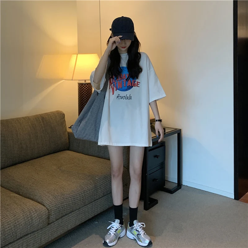ルーズフィットプラスサイズコットン Tシャツ半袖レディースファッションカジュアルラウンドネックプリント韓国スタイル夏新着