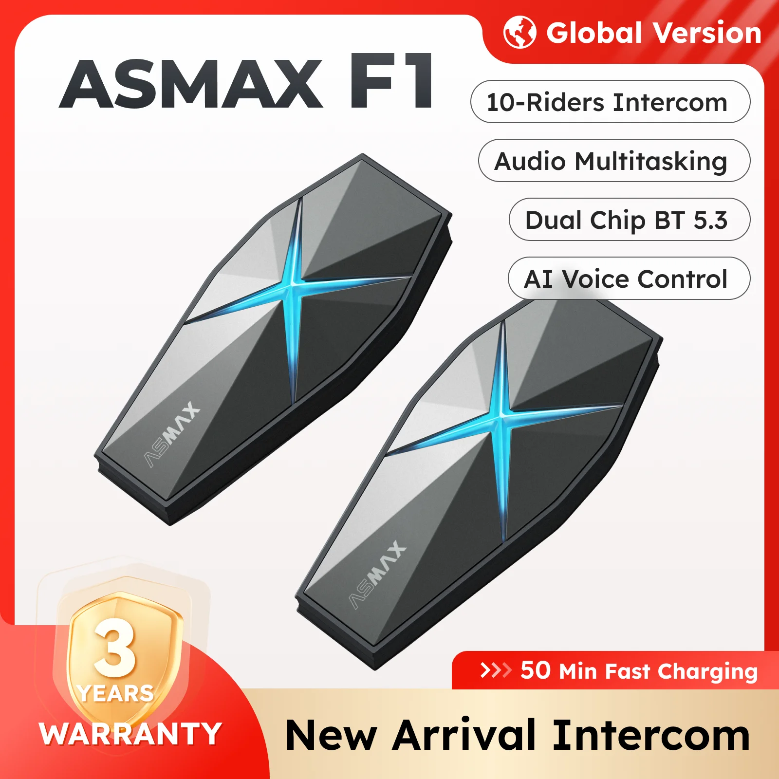 ASMAX F1 casco de motocicleta intercomunicador estéreo Bluetooth, comunicación de 10 conductores, BT5.3 IP67 impermeable, altavoces HIFI para motos de nieve, Mensajes y comandos de voz en español