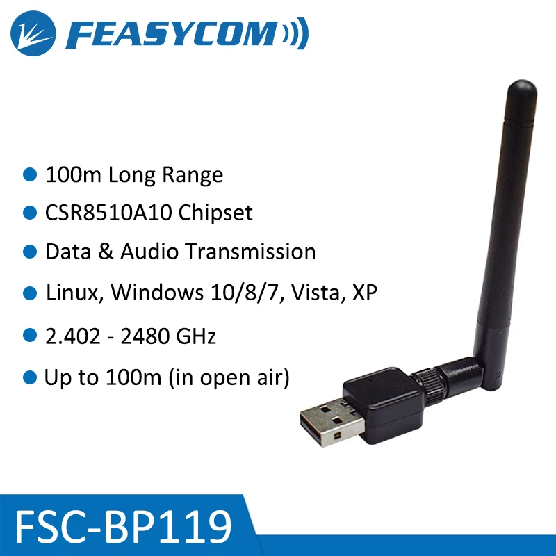 Feasycom FSC-BP119 100 m Long Range BT 4.0 Dongle Klasse 1 SMA PnP USB Bluetooth-Adapter für Windows 10/8/7, XP, Vista, Linux