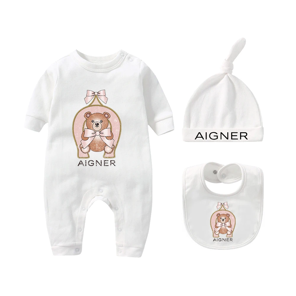 Lindo mono de oso, ropa para recién nacido, nuevo estilo de otoño, mono para niños, sombrero, babero, conjunto de bufanda, mono de manga larga para niña