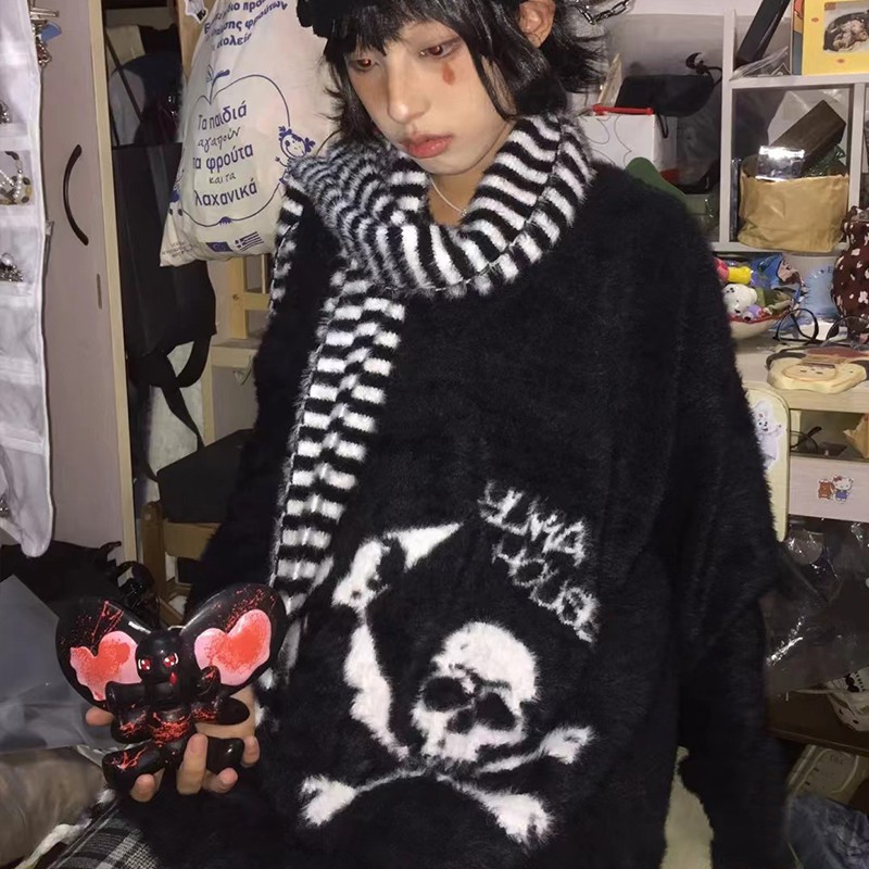 Karrram-ゴシックセーター,ルーズフィット,Vネック,原宿,グランジセーター