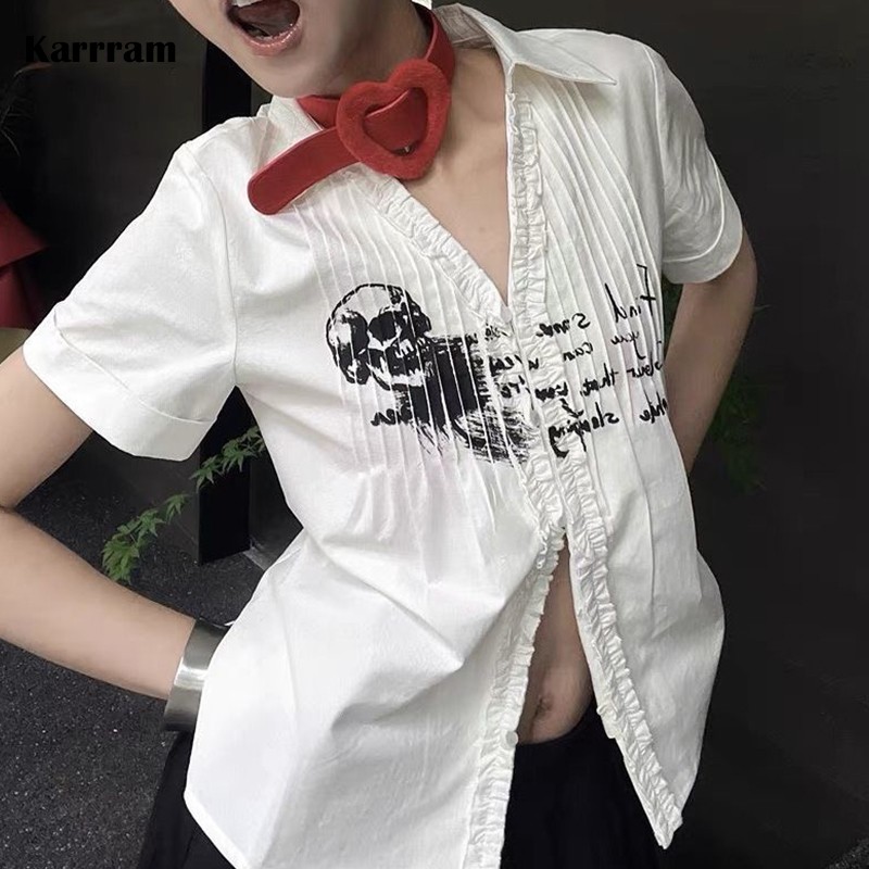 Karrram Y2k Aesthetics Pleated Shirt Grunge Gothic Skull Print White Shirts Trashy 2000s Style V-neck Blouses Japanese Harajuku