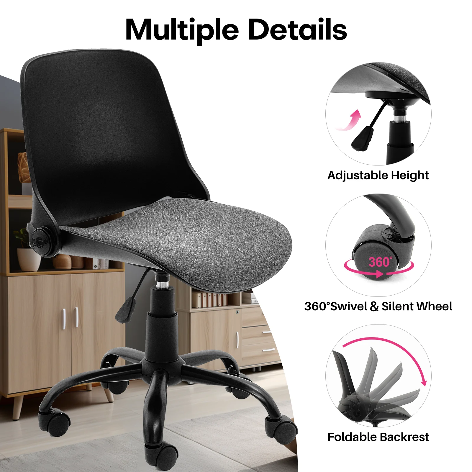 Redlife Office Chair w/ Foldable Backrest ,Home Office Desk Chairs Armless Computer Chair Adjustable Furniture for Home & Office