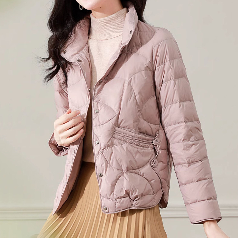 Casacos curtos para mulheres, jaqueta casual, colarinho em pé, parca sólida fina, casacos quentes elegantes, moda leve