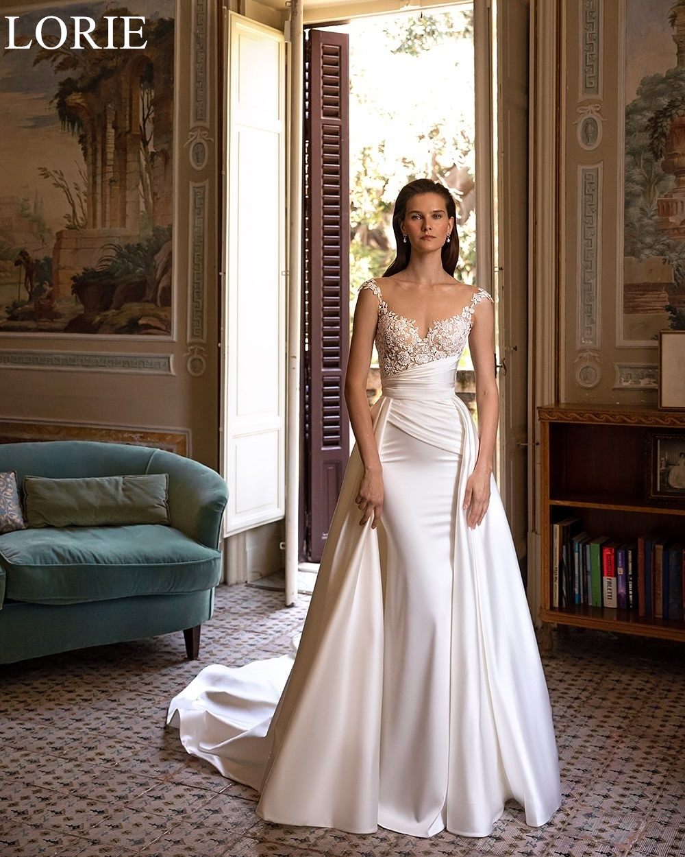 LORIE Elegante Satin Brautkleider Meerjungfrau Scoop Drapierte Abnehmbare Schleppe Braut Abendkleid Spitze Applikationen Brautkleider Angepasst