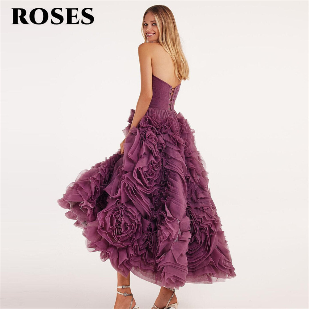 Rosas roxo elegante lindo vestido de baile tule sem alças vestido formal com pregas em camadas vestido de noite linha a direcciones  nne inclusmo personalizado