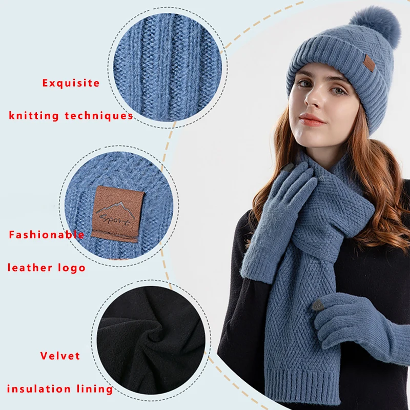 3 teile/satz Winter Beanie Hut Schal Touchscreen Handschuhe Set für Frauen Warme Stricken Fleece Gefüttert Hut Set Leder Label Pelz ball Kappe