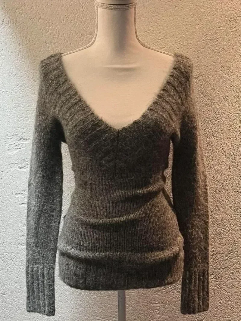 女性のヴィンテージVネックニットプルオーバー、スリムフィットトップス、グランジセーター、長袖プルオーバー、新しいファッション、初秋、2022、y2k