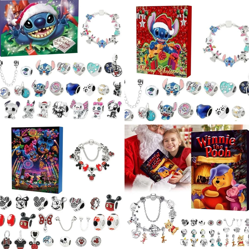 Nuovo Disney Stitch Topolino Calendario dell'Avvento di Natale Braccialetti 24 giorni Calendario per il conto alla rovescia di Natale Kit per la creazione di gioielli fai da te Regali per ragazze