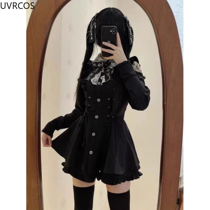 Conjunto de vestido y pantalones cortos con lazo de diamantes de imitación de estilo gótico japonés para mujer, camisas ajustadas de manga larga con hombros descubiertos, vestidos, trajes Lolita Y2k