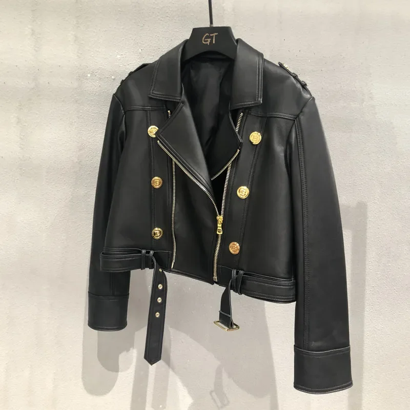 Casaco feminino primavera e outono comprimento curto moda jaqueta de couro genuíno duplo breasted turn-down colarinho tamanho M-XXL