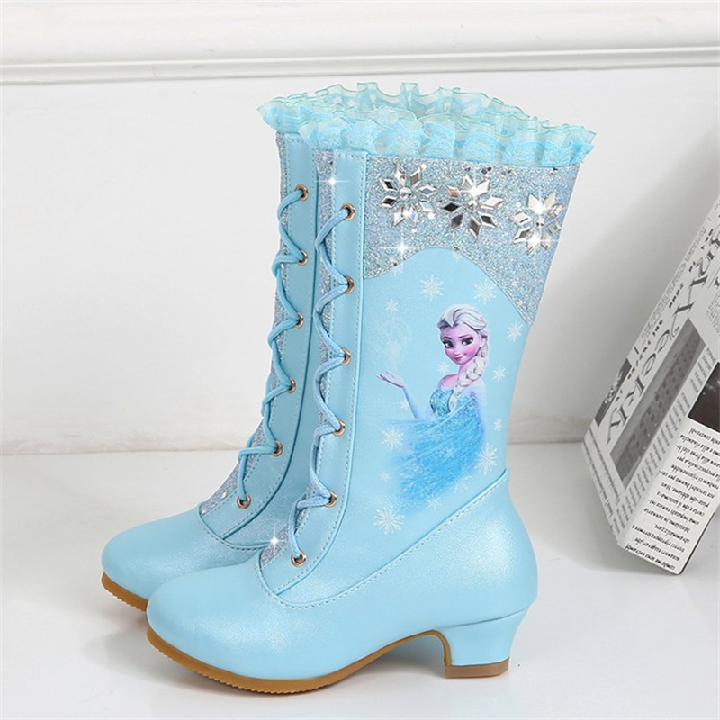 Disney Girls High Heel Boots Winter Children's Long Sleeved Plush Snow Warm Boots Princess Elsa Pink Blue Boots Rozmiar 27-37