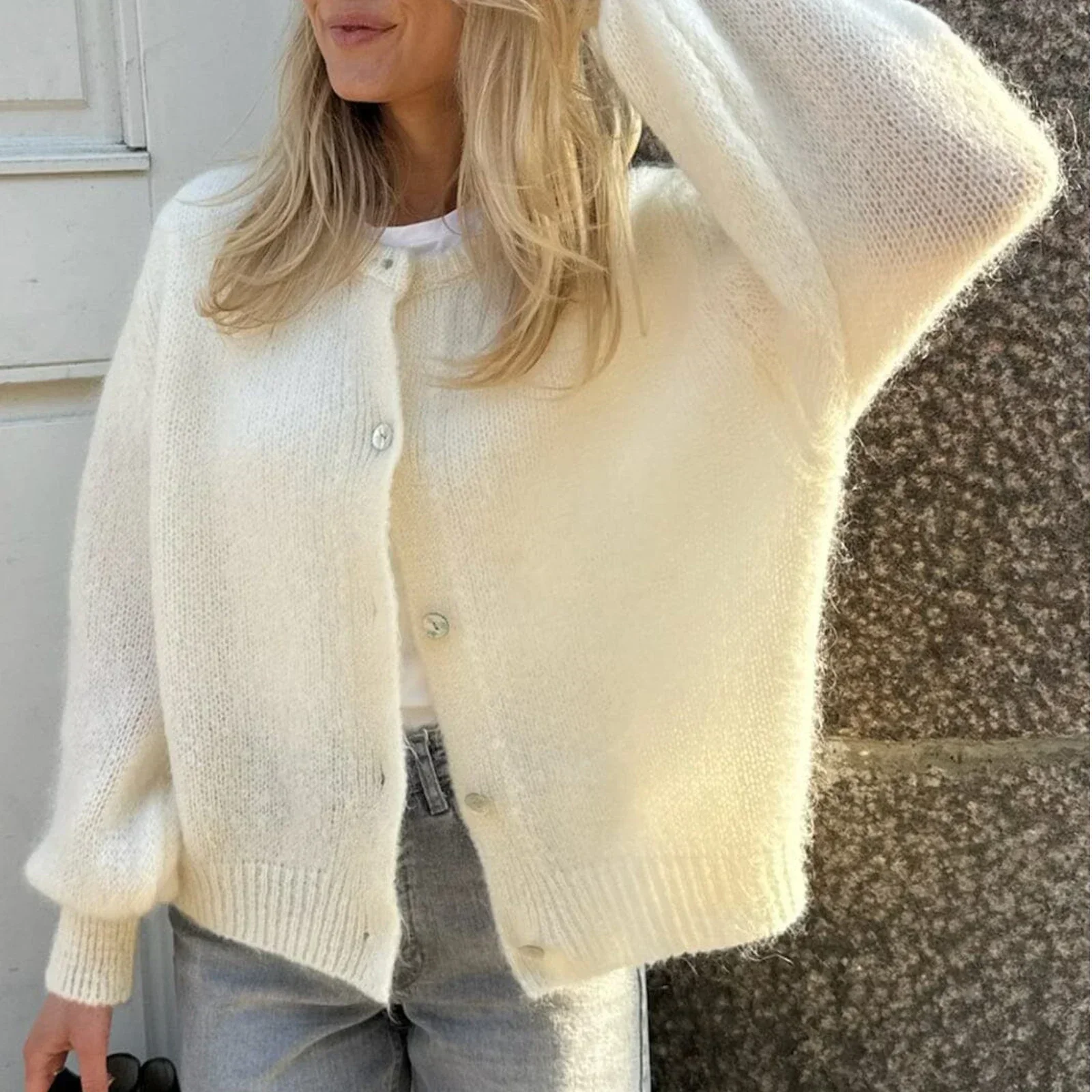 Frauen Solide Strick Einreiher Strickjacke Oansatz Langarm Lose Weiche Pullover 2024 Herbst Dame Strickwaren ﻿