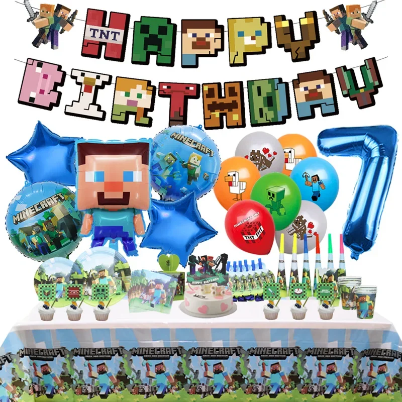 Miner Crafts Birthday Party Decoration Steve Aluminum Foil Balloon For Kid Event Supplies Disposable Tableware Banner Backdrop