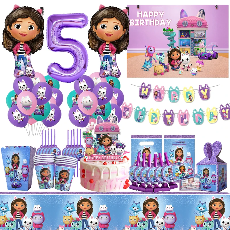 Gabby Dollhouse Cats Birthday Decoration Balloon Disposable Tableware Backdrop For Kids Gabby Doll House Figures Party Supplies