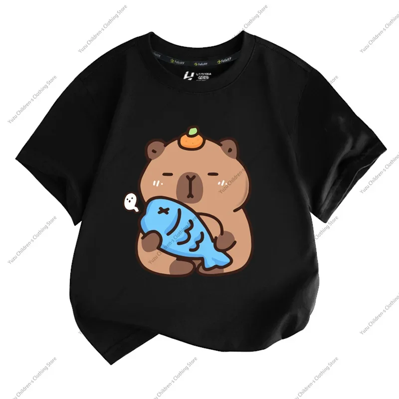 여름 새로운 트렌드 Capybara 인쇄 귀여운 어린이 반팔 티셔츠 귀여운 편안한 다목적 소년과 소녀 티셔츠