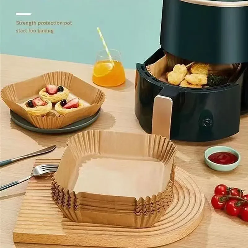 Bandeja de papel especial para freidora de aire, almohadilla de papel absorbente de aceite resistente a altas temperaturas, papel cuadrado para hornear, cocina, 50/100 Uds.