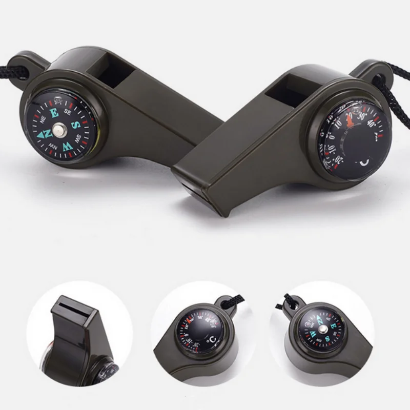 1 Stück 3-in-1-Notfall-Überlebenspfeife, Kompass, Thermometer, Schiedsrichter-Cheerleading-Pfeife, Sportzubehör