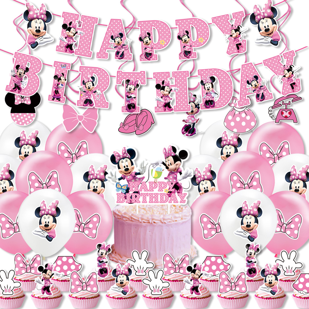Minnie Bữa Tiệc Sinh Nhật Con Trang Trí Cô Gái Dùng Một Lần Bộ Đồ Ăn Balloon Ly Tấm Khăn Trải Bàn Bóng Bé Tắm Bên Suppl