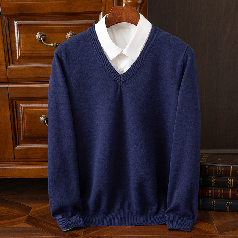 En otoño e invierno, el nuevo suéter informal holgado de talla grande de lana 100% pura con cuello en V para hombre 2024, suéter de punto grueso Hugh