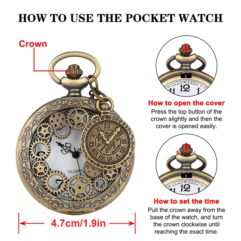 빈티지 골동품 구리 Steampunk 청동 중공 기어 석영 주머니 시계 목걸이 펜던트 시계 체인 남성 여성 액세서리